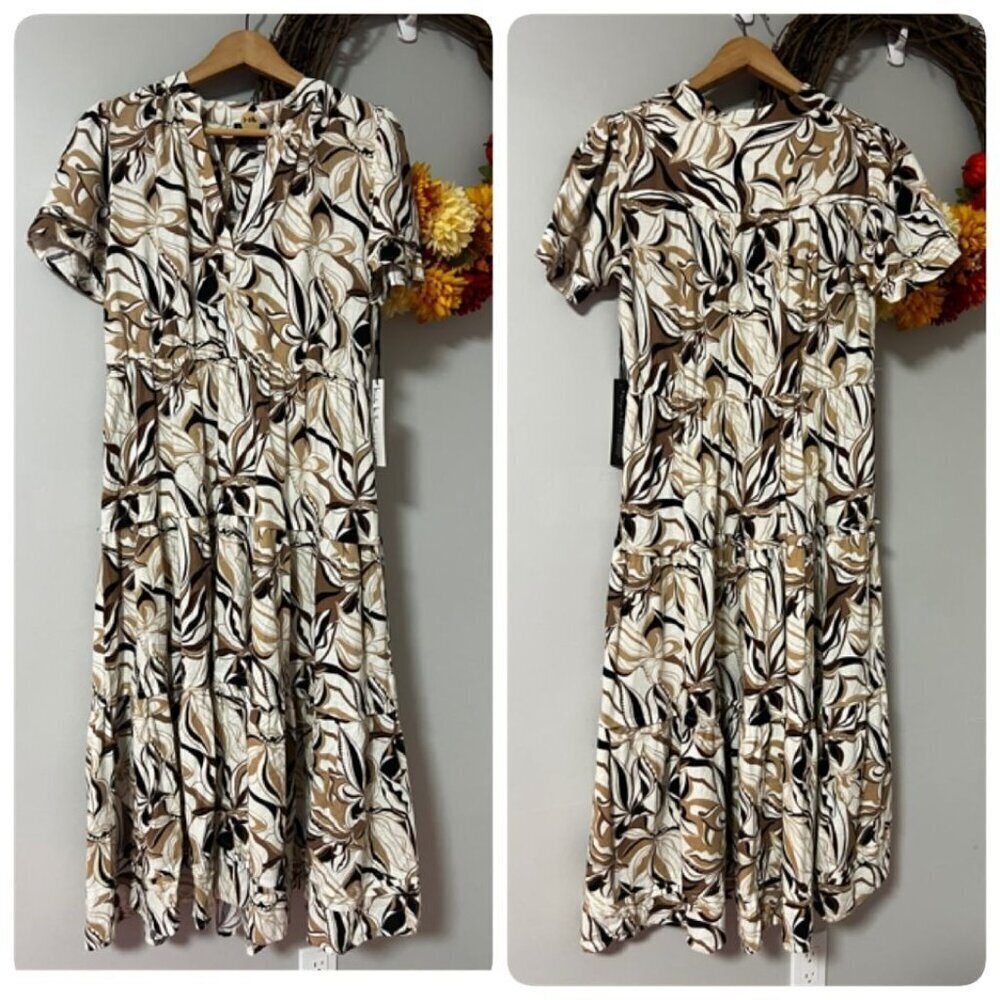 Nicole Miller Women Tiered Maxi A-Line Dress SMALL in White Linen Blend Floral